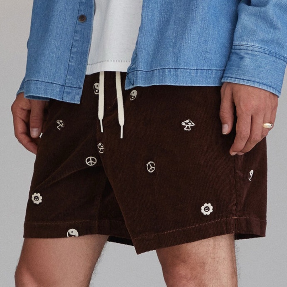 Pacsun Men’s Brown Corduroy Shorts with Embroidered Mushrooms, Flowers | M | NEW - Picture 4 of 7